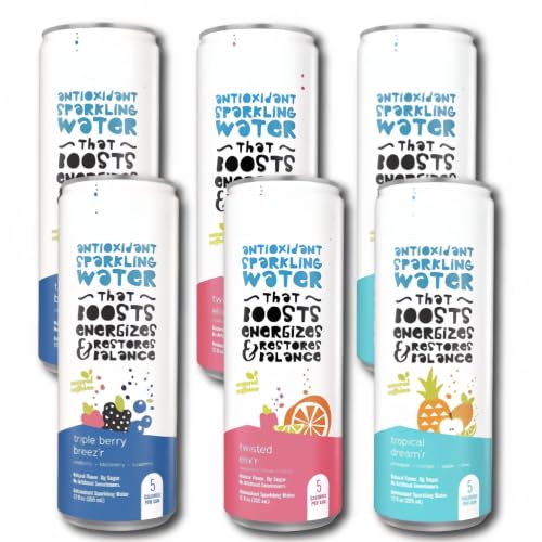 New Antioxidant Sparkling Water - Triple Berry Breez'r, Tropical Dream'r, Twisted Elix'r - Variety Pack, 0 Suger, 69 Mg Caffine, Sparkling Water 12 Fl Oz (Pack Of 6)