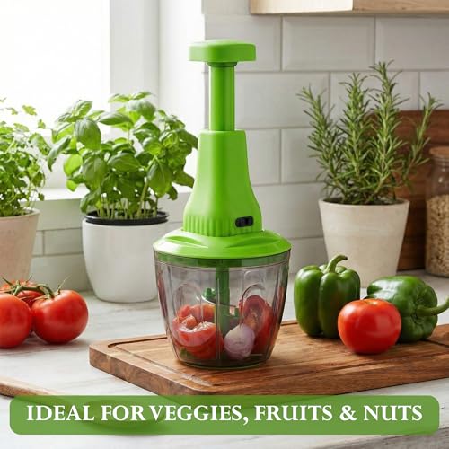 Image of Chopper for Kitchen Use | 1100 ml Round Push Chopper with 5 Blades and Whisker | Chopping Vegetables & Fruits, Onion, Ginger, Garlic, Salad, Tomato, Potato (Green)