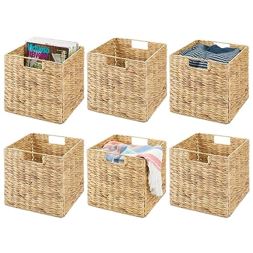 mDesign Natural Woven Hyacinth Cube Organizer Basket with Handles, Storage for Bathroom, Laundry Room Shelf or Nursery - Perfect for Cubby Storage Units - Hold Blankets and Books - 6 Pack, Natural/Tan