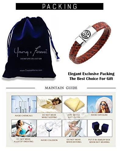 Image of Young & Forever Men's Genuine Braided Leather and Titanium Steel Bracelet | Bold Punk Tiger Eye Bead & Multi-Strand Wrist Bands | Vintage Nautical Clasp & Animal Head Hook Hook Kada Style Options