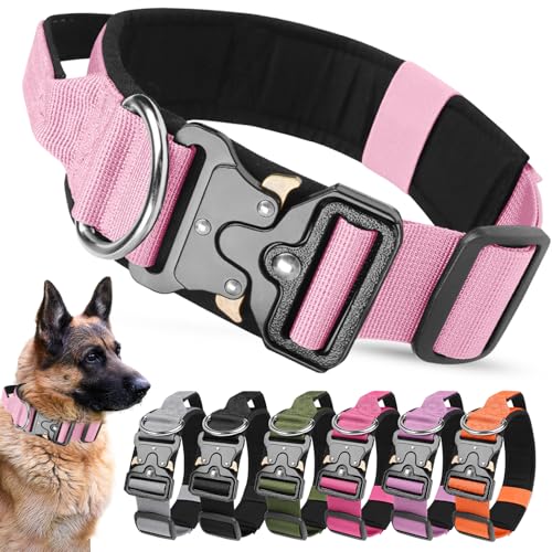 Collare Tattico Cane Regolabile con Maniglia di Comando, Imbottito Collare per Cani Militare in Nylon con Fibbia in Metallo per Cani di Taglia Media e Grande Addestramento (Rosa, XL)
