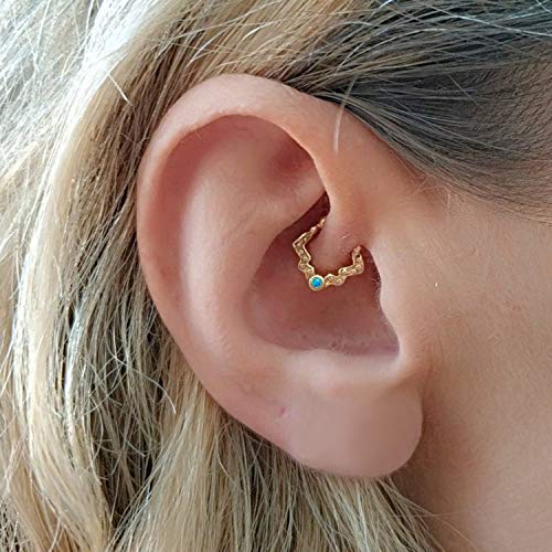 Gold Daith Earring, 24K Gold Plated over Silver Piercing Jewelry w/Opal, Lotus Boho Hoop for Rook, Septum, Helix, Tragus, Cartilage, Tribal Indian Handmade Seamless Ring for Pierced Ear or Nose, 16g