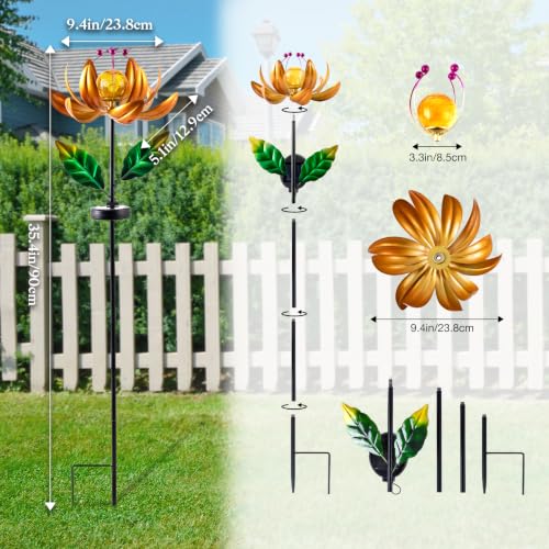 Image of Garden Decor for Outside Solar Wind Spinners for Yard-Metal Lotus Flower Windmills LED Crackle Glass Globe Outdoor Garden Decor Yard Art Lawn Ornament