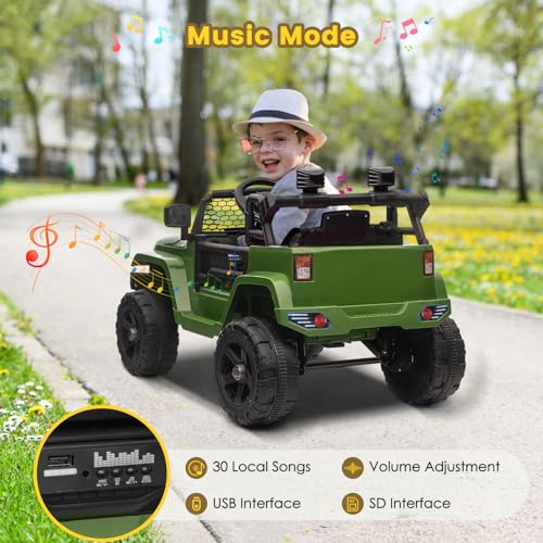 12-V-Elektroauto,Fernbedienung für Eltern, Zwei 35-W-Motoren, 5.2km/h Höchstgeschwindigkeit, zu öffnende Türen, Musik-Player, 4 Räder, Federung, LED-Beleuchtung, Sicherheitsgurt(Grün) – Bild 5