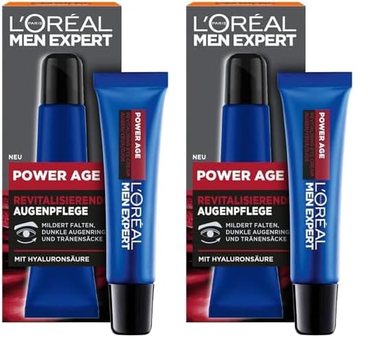 L'Oréal Men Expert Augencreme gegen Falten für Männer, Anti-Aging Augenpflege für müde und matte Haut, Herren Feuchtigkeitspflege mit Hyaluronsäure, Power Age, 1 x 15 ml (Packung mit 2)