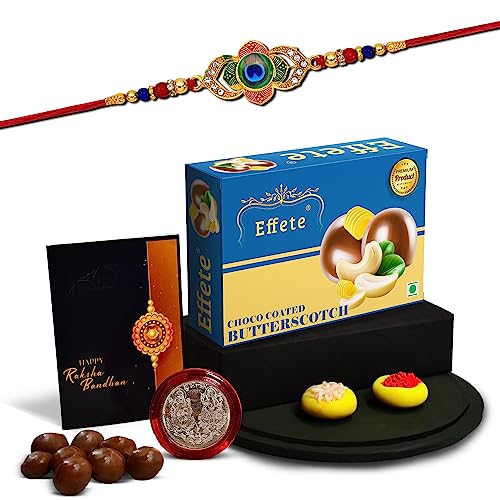 Image of DeoDap (K1 549 BS32) Rakhi Combo with Chocolate Butter Scotch 32gm, Rakhi & Chocolate for brother, Fancy Rakhis for men stylish, rakhi with gift, Rakhi Combo, Set of 1, Effete Chocolate