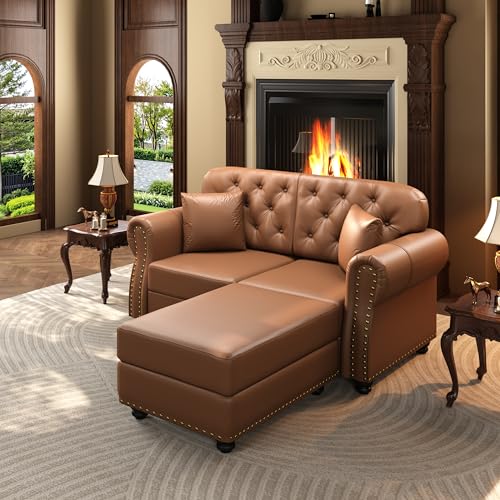 Image of KEIKI 63 inch Faux Leather Chesterfield Sofa with Rolled Arms & Nailhead Trim & 1 Ottoman, 2-Seater Button Tufted Couch with High Resilience Cushion & 2 Pillow, Easy Assembly, for Living Room, Brown