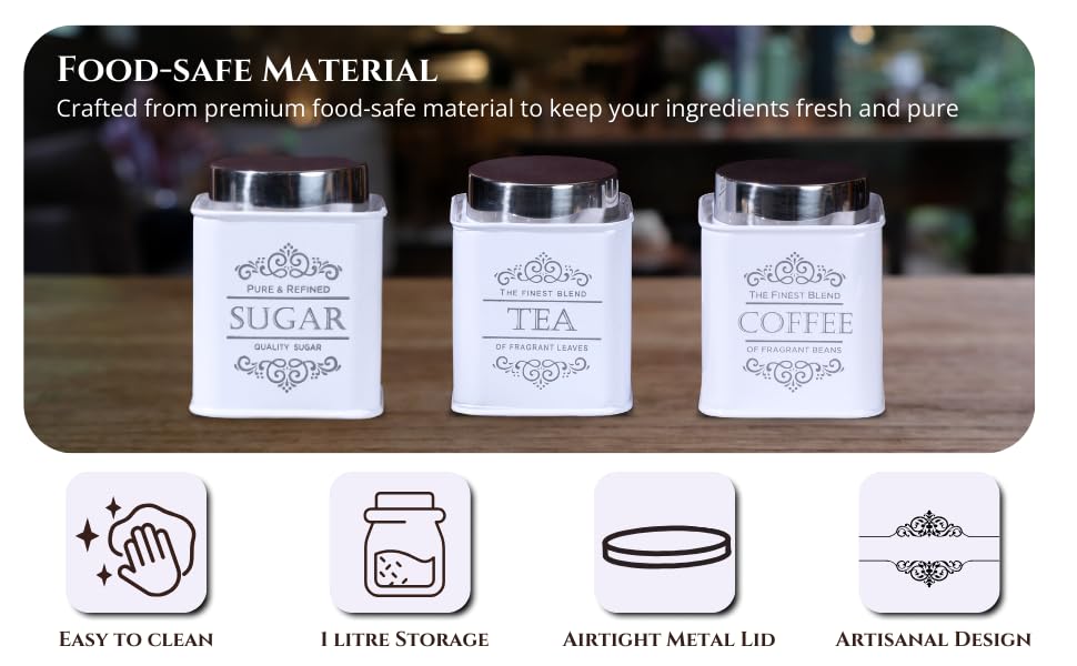Image of Metallure Home Artisanal Kitchen Storage Jars | Tea, Coffee and Sugar Containers Set of 3 | Airtight Metal Containers for Home | Food Container Set with Secure Lid | Food Safe Kitchen Jar Set (White)