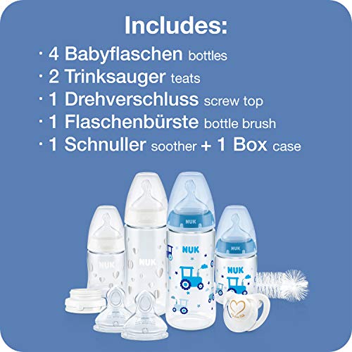 NUK First Choice+ Perfect Start Babyflaschen Set | Erstausstattung mit 4 Temperature Control Anti-kolic Babyflaschen (2x 150ml & 2x 300ml), Flaschenbürste & mehr | BPA-frei | 0-6 Monate | blau/weiß