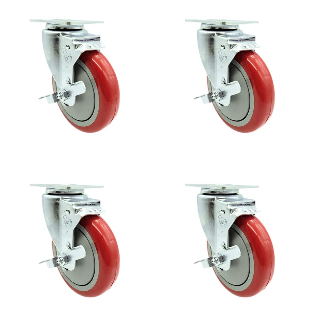 Polyurethane Swivel Top Plate Caster Set of 4 with 5 Inch Red Wheels - Includes 4 Swivel with Top Lock Brakes - 1400 lbs. Total Capacity - Service Caster Brand