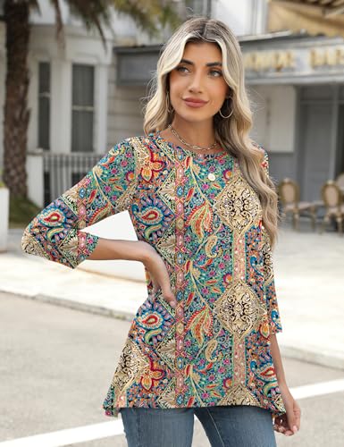 LOMON 3/4 Sleeve Tunic Tops for Women Loose Fit Dressy Casual Blouse Flowy Shirts to Wear with Leggings S-3XL
