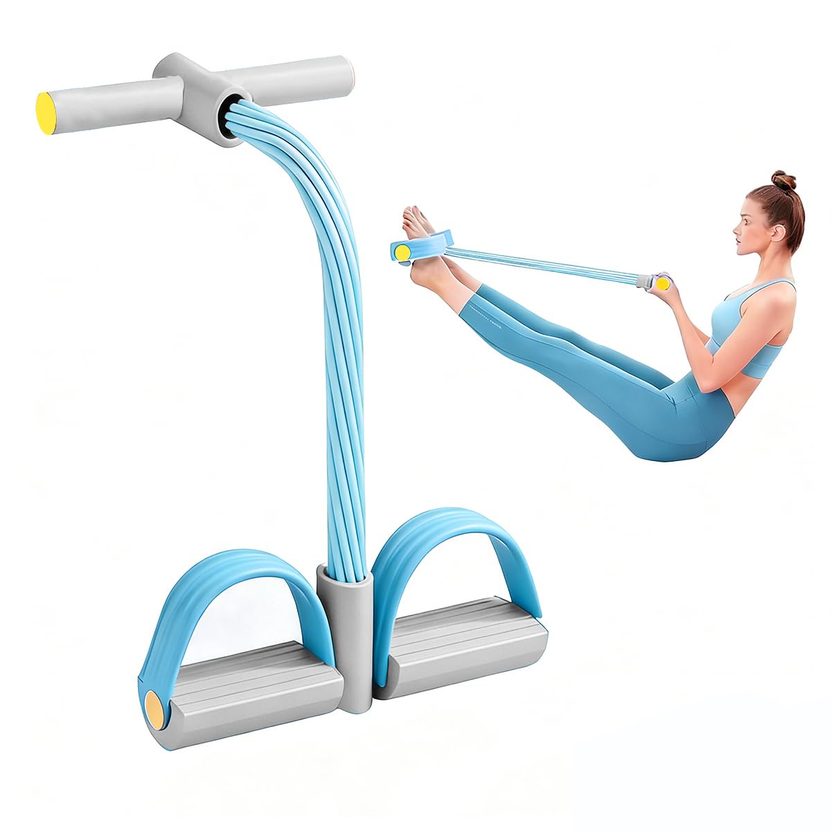 Garegce 6 Tubes Pedal Resistance Band,Sit Up Pull Rope,Abdominal Trainer with Foot Pedal,Full Body Home Workout Equipment for Abs,Legs,Elastic Band for Slimming,Strength Training-Light Grey-Blue