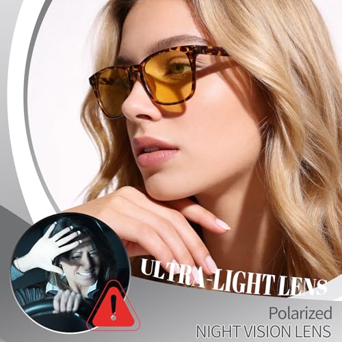 Image of Polarized Sunglasses for Women Men Night Vision Glasses Anti Glare | Yellow Anti Glare UV400 Lens, Lightweight Square Frame, for Day Night Use, Driving, Fishing, Cycling, Traveling
