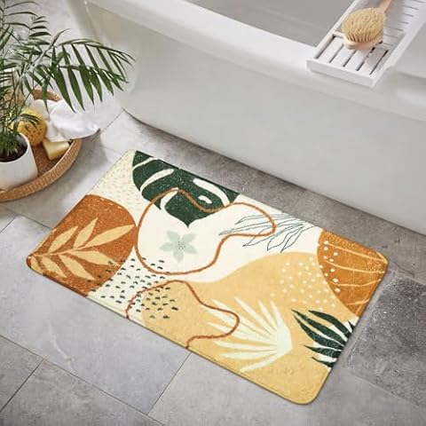 Uphome Abstract Bathroom Rugs Cute Colorful Plant Bath Mat Non-Slip Mid Centry Printed Bath Rugs Soft Velvet Machine Washable Boho Floor Mats Aesthetic Design for Bath Tub Sink Shower, 20x31 inch Cover
