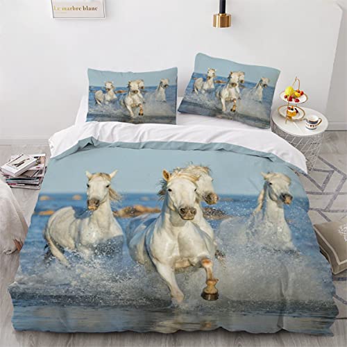 ZLKEJI 3D Cheval Housse de Couette 2 Personne Housse de Couette 220x 240cm Camargue Blanche Ensemble De Literie Parc Provence Camargue Literie Set Microfibre avec Taie d'oreiller Noir Blanc Cover