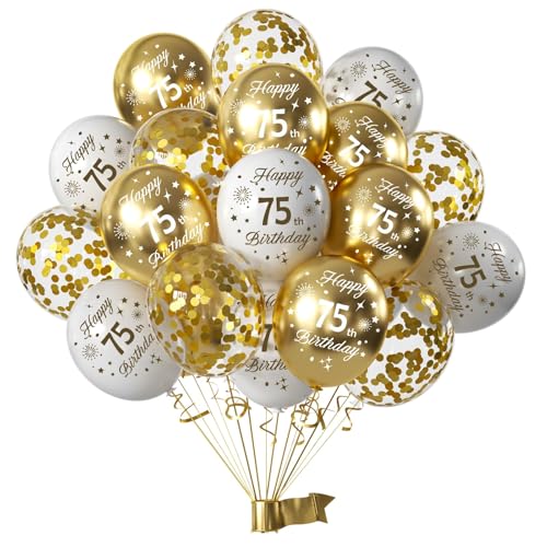 Décoration Anniversaire 75 Ans,15pcs Or Blanc Ballon Confettis Latex Ballons,Deco pour 75 ans Anniversaire Fille Femme Homme Anniversaire Mariage Fête d'Anniversaire Décoration