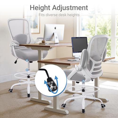 Image of HYLONE 400lbs Heavy Duty Drafting Chair 5 inch Thickened Seat Office Chair with Flip-Up Armrests Tall Ergonomic Computer Chair with Lumbar Support and Adjustable Footrest Ring Standing Desk Chair (Grey)