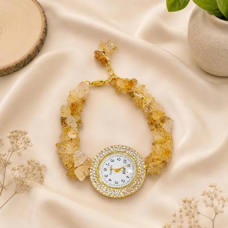 Image of ARKN Crystal Bracelet Watch for Women | Natural Gemstone Beaded Wrist Watch | Gold-Tone Dial with Rhinestone Bezel | Adjustable Fashion Jewellery Gift for Women & Girls