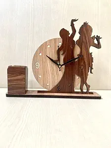 MYESHOP Retail Fancy Looking Wooden Table Clock & Holder with Shree Krishna and Radha Design and Pen Holder for Your Study Table, Office Table.