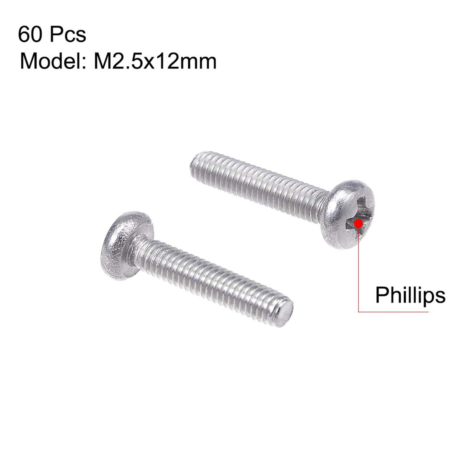 MACHSWON M2.5x12mm Machine Screws Pan Phillips Cross Head Screw 304 Stainless Steel Round Head Cross Screw Fasteners Bolts 60Pcs - Image 2
