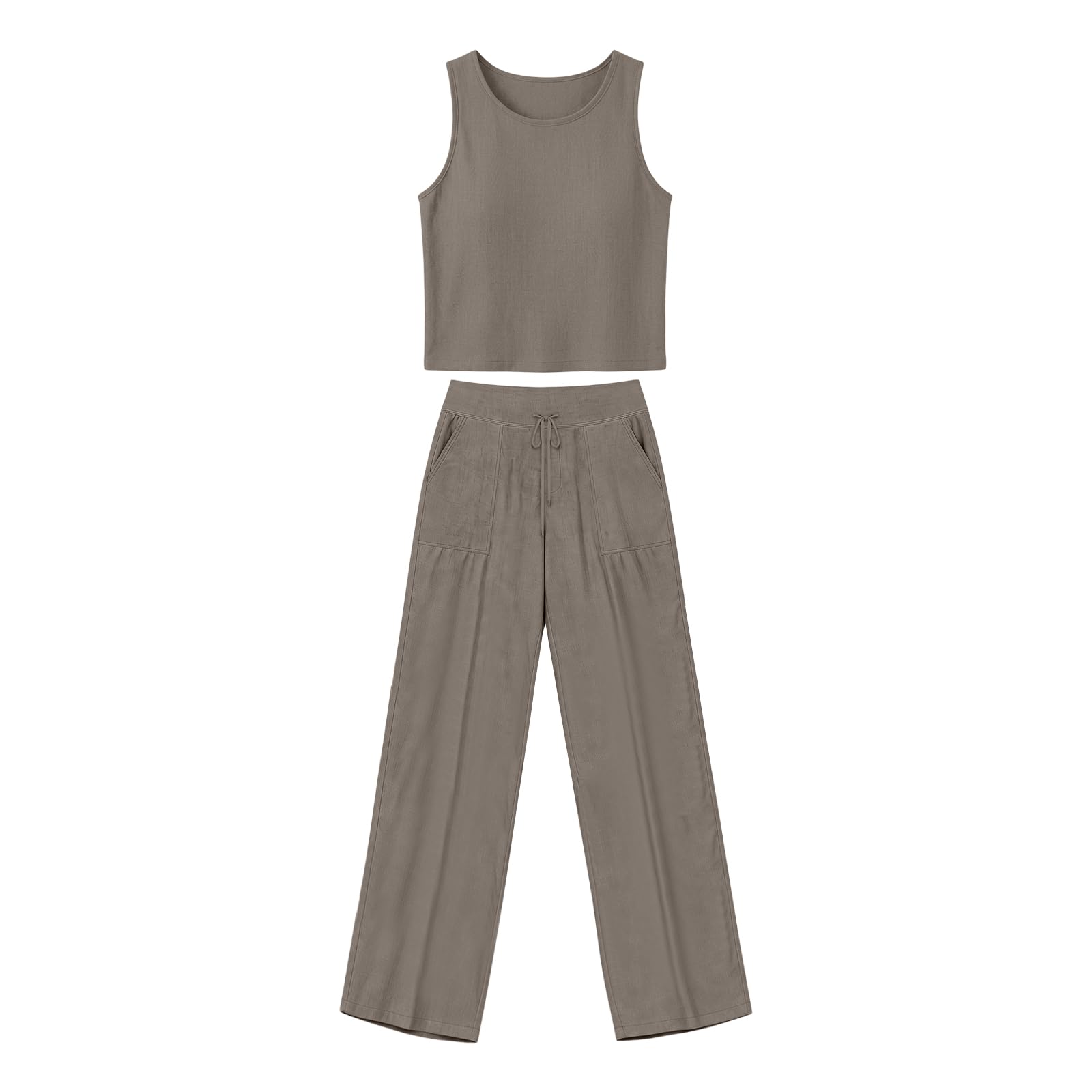 Generico Set da 2 Pezzi da Donna in Lino a Senza Maniche Pantaloni a Gamba Larga Oversize Completo Senza Maniche Tuta Elastici in Vita Set di Abiti Tinta Unita Elegante Suit Casual per Uso Quotidiano