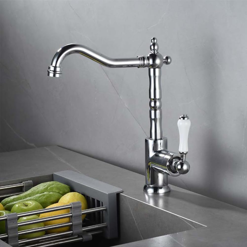 Grifo Cocina Grifo Cocina Fregadero Caño Alto, Antiguo Retro Estilo Latón Monomando Giratorio A 360° Mezclador De Fregadero, Agua Fría Y Caliente Disponibles, Cromado