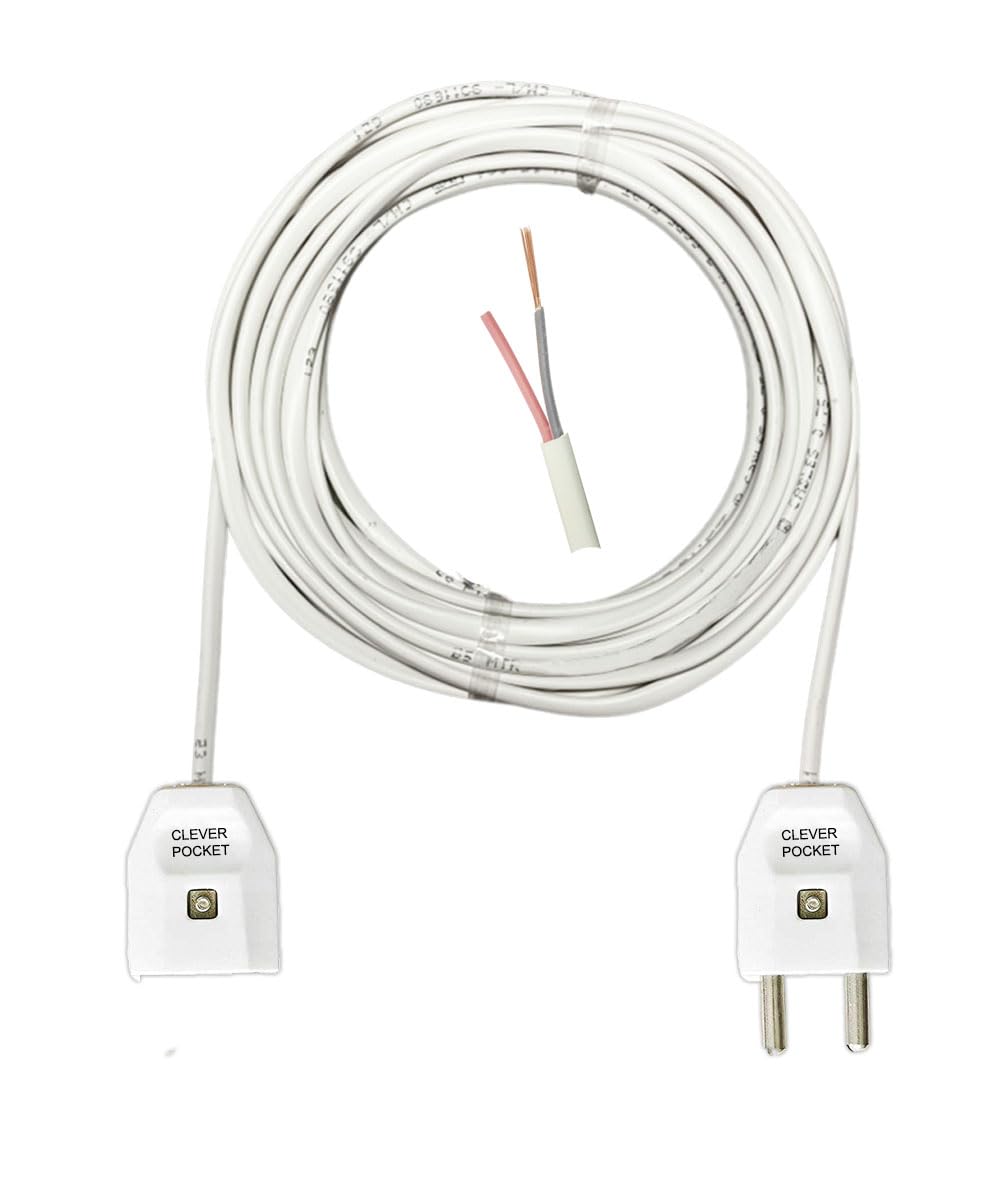 CLEVER POCKET® (0.75mm x 2 Core) Flat Wire with 2 Pin Top Male Female Plug Connector attached to Extension Cord Cable for Multiple Electrical Appliances & Festive Decorations (7 meter long wire)