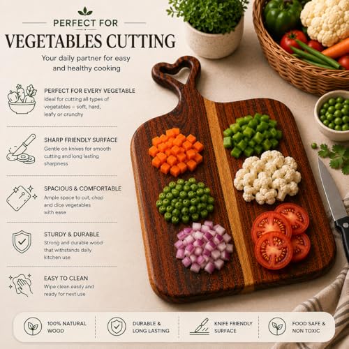 Image of Handcrafted Wooden Chopping Board for Kitchen | Cutting Board & Serving Platter | Food Safe Wooden Board for Vegetables, Fruits, Cheese & Bread | Multiple Designs (Heart Handle, Sheesham Wood)