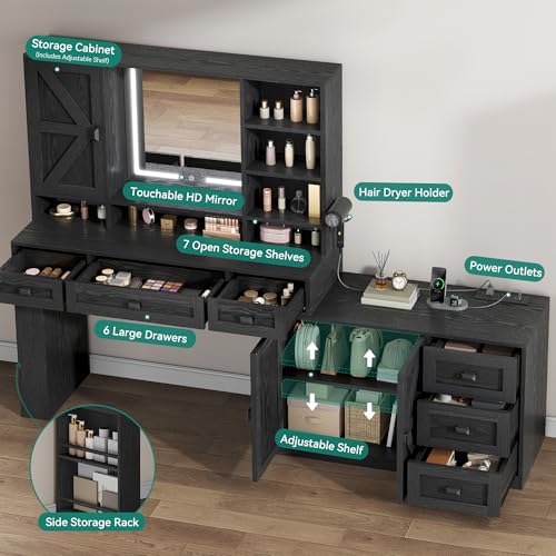 DWVO L Makeup Vanity Desk with Mirror and Lights, Farmhouse Big Lighted Vanity Table Set with 6 Drawers and Cabinet Shelves, 360° Rotation Large Dressing Table for Bedroom, Black