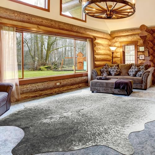 Rtizon Cow Hide Rug for Living Room, Washable Cowhide Rug, Large Faux Animal Skin Rugs, Non-Slip Cow Print Area Rugs, 6x7 Feet Cowhide Rugs for Bedroom Office Kitchen Fireplace, Grey