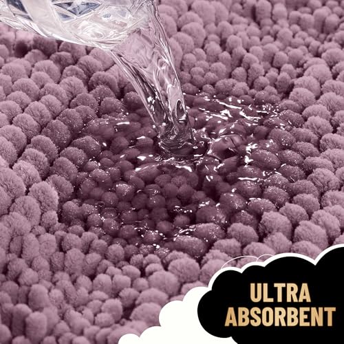 Image of OLANLY Thick Toilet Rugs U-Shaped 24x20, Extra Soft Absorbent Chenille Striped Contour Bathroom Rugs for Toilet, Dry Quickly, Machine Washable, Non-Slip Bath Mat, Deep Plum