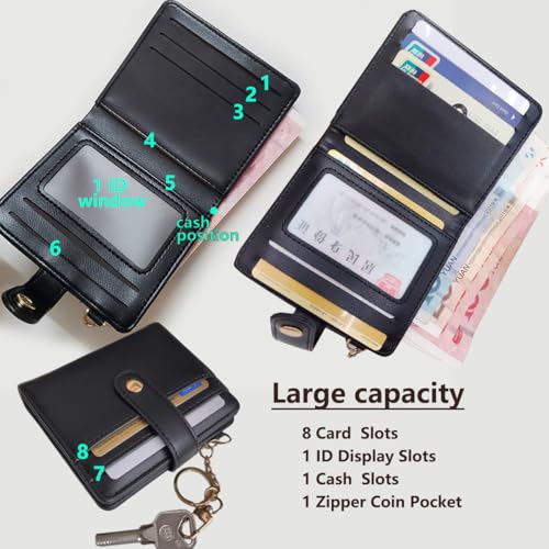 Small Wallet Women RFID Blocking Leather Bifold Compact Card Holder Wallet for Women with Zipper Coin Pocket with ID Window (Black)3