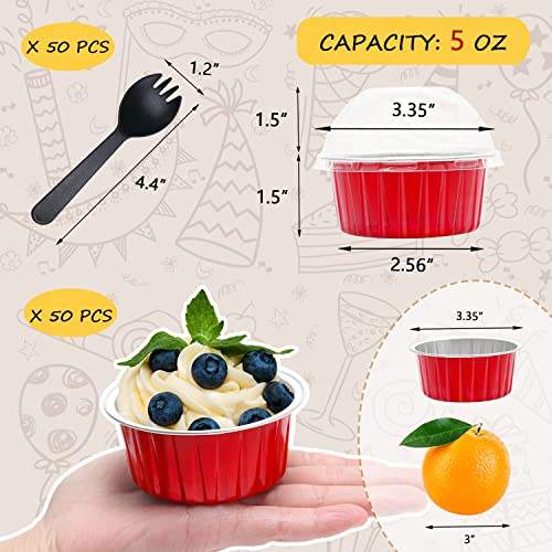 Red Cupcake Liners Muffin Tins 50 Pack,Free-Air 5Oz Aluminum Foil Baking Cups With Lids,Disposable Ramekins Cupcake Pans,Jumbo Muffin Liners Cupcake Cups For Custard Mini Pie,With 50 Spoons-Red #TOP2