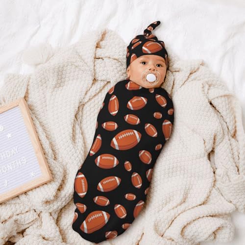 Image of Football Baby Stuff Swaddle Blankets Beanie Hat Sets, Soft and Stretchy Newborn American Football Blanket Swaddle Sack for Baby Shower Infant Boy and Girl