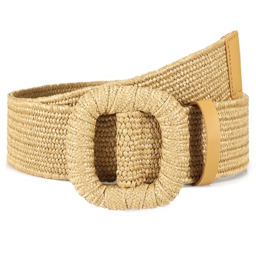 Image of Straw Woven Elastic Belt for Women Stretchy Belts for Dress Fashion Boho Waist Belt Rattan Raffia Ladies Belts