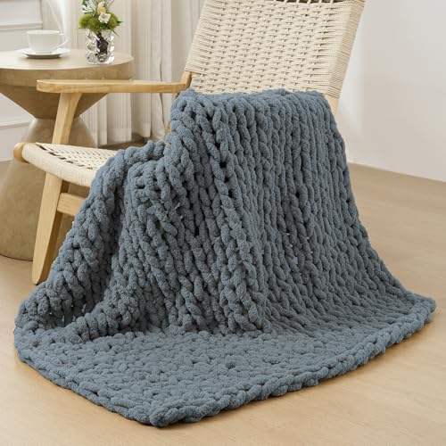 Bigacogo Chunky Knit Throw Blanket for Couch, 40x40 inches, 100% Hand Knitted with Thick Jumbo Chenille Yarn, Cozy Soft Large Rope Knot Cable Crochet Blankets for Sofa Bed Living Room, Iron Gray