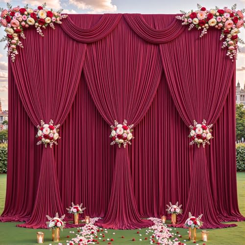 4 Panels Burgundy Backdrop Curtains - Wrinkle Free Fabric Backdrop Curtain for Photoshoot, 10FT Wedding Party Photo Backdrop Drapes for Birthday Baby Shower Photography Stage Background Decorations