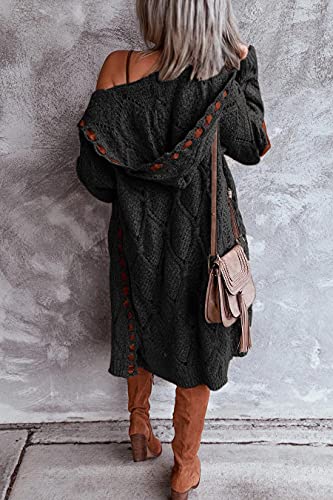Women Cardigan Hooded Sweater Long Sleeve Knit Coat Outwear with Rhombus Lattice Large Black3