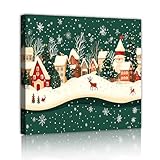 お祭りの村の雪のシーンキャンバスプリント冬のコテージ鹿の壁アートクリスマスデザインの壁の装飾リビングルームの保育園の装飾80x80cmのインナーフレームを吊るす準備ができています