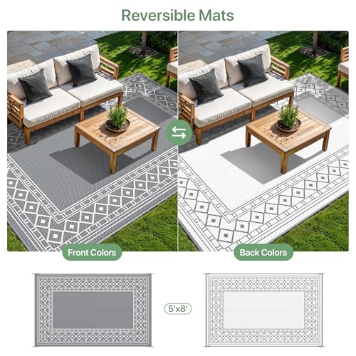 Image of GENIMO Outdoor Rug, Waterproof Plastic Rugs for Patio, 5'x8' Grey White | Outside Larger Modern Carpet Mat for Porch Decor, Deck, Balcony, Camping, RV, Backyard, Picnic, Beach, Reversible, Foldable