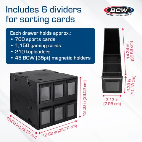 Image of BCW 6 Drawer Card Catalog - Black | Stackable Trading Card Organizer Box | Holds Sports Cards, Gaming Cards, Toploaders & Magnetics | Heavy-Duty Black Plastic Storage with Dividers