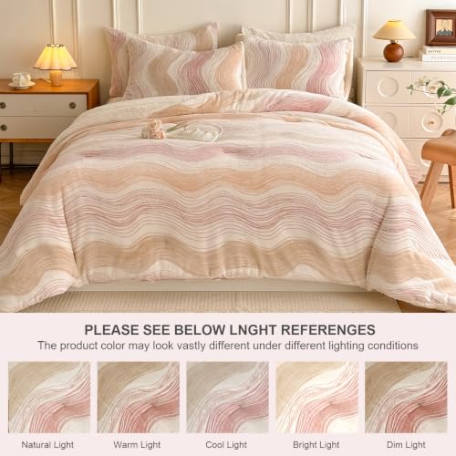 Image of Tufted Fleece Comforter Set Queen- Super Soft Warm Fluffy Shaggy Bedding Sets, Wavy Lines Jacquard Bed Set for Winter, 1 Sherpa Comforter with 2 Pillow Cases (90 inchX90 inch Pink Wavy)