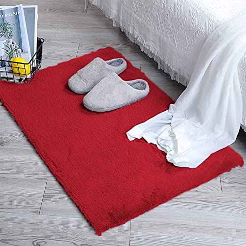 Image of Luxe Home Rabbit Fur Soild Bath Mat Super Soft, Anti-Slip, Washable, Rectangle, for Bathroom Door Mate, Bedroom Door Mats (Maroon, 45x75 cm)