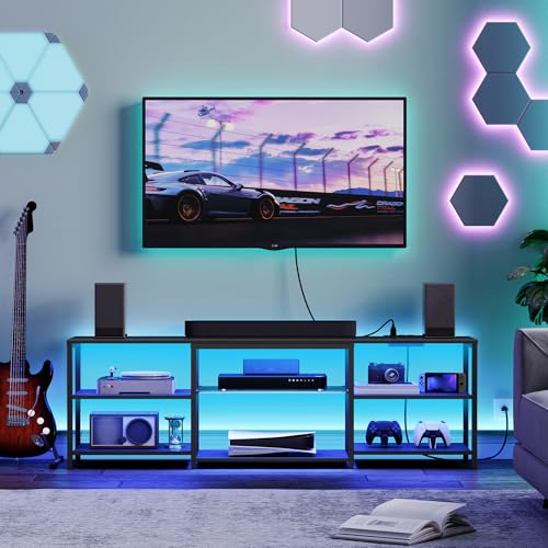 HOOBRO LED TV Stand for 75 Inch TVs with Charging Station, Gaming Entertainment Center with 3-Tier Open Storage, Long 63” Media TV Console Table, TV Stand for Living Room, Bedroom, Black BB21UDDS01