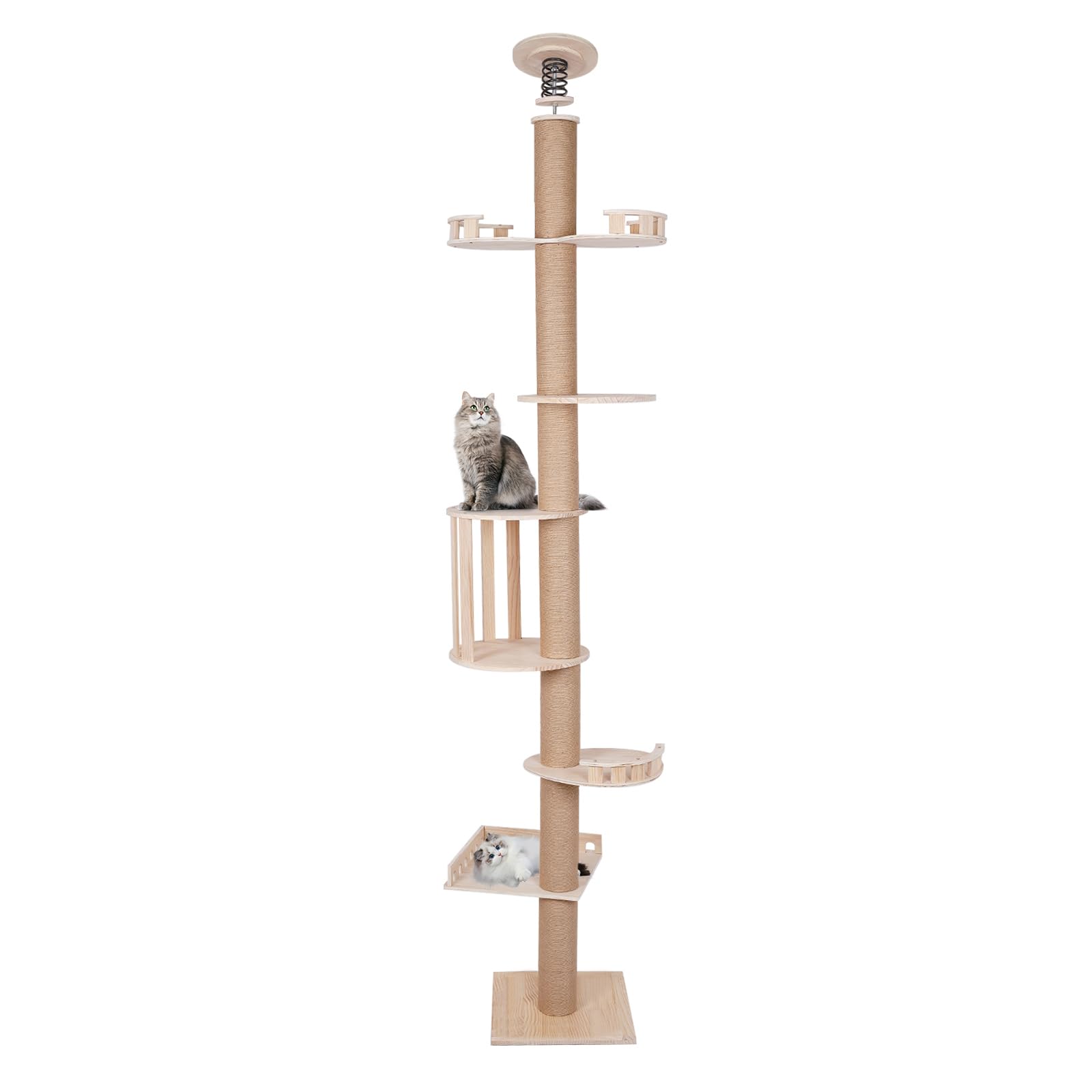BOPRCSH 5-Tiers Cat Climbing Tower, Ceiling-Mounted Wood Cat Tower Tree Cats Scratching Post with Scratching Climbing Posts, 100.4-104.3inch Tall Wood