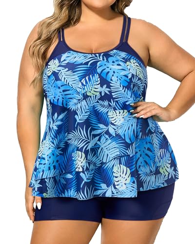 RXRXCOCO Women Plus Size Tankini Swimsuits Ruffle Tummy Control 2 Piece Bathing Suits with Shorts