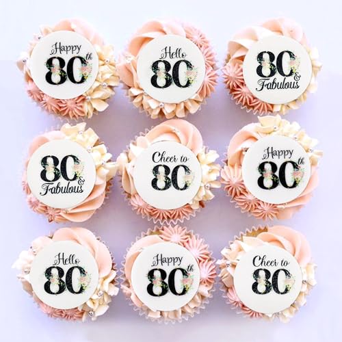 40Pcs Edible Circle Happy 80th Birthday Cupcake Toppers Edible Floral Hello 80 Fabulous Cheers to 80 Cupcake Picks Drink Toppers for Funny Female Floral 80th Birthday Party Decorations