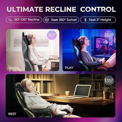 Sedia da gioco con luci LED RGB, sedia da gioco ergonomica con poggiapiedi, supporto lombare massaggiante, sedia per computer per adulti e ragazzi, nero - Sedia gaming - Immagine 5