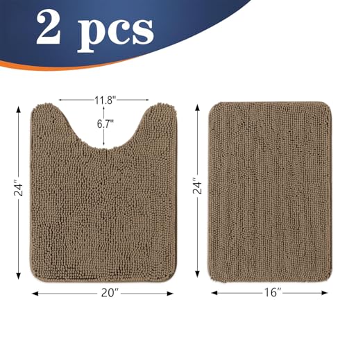 Image of OLANLY Bathroom Rugs Sets 2 Piece, Soft Absorbent Chenille Bath Mats and U-Shaped Contour Toilet Mat Area Rug Set, Machine Washable Bath Carpet, Home Decor Accessories(24 inchx16 inch+24 inchx20 inch, Tan)