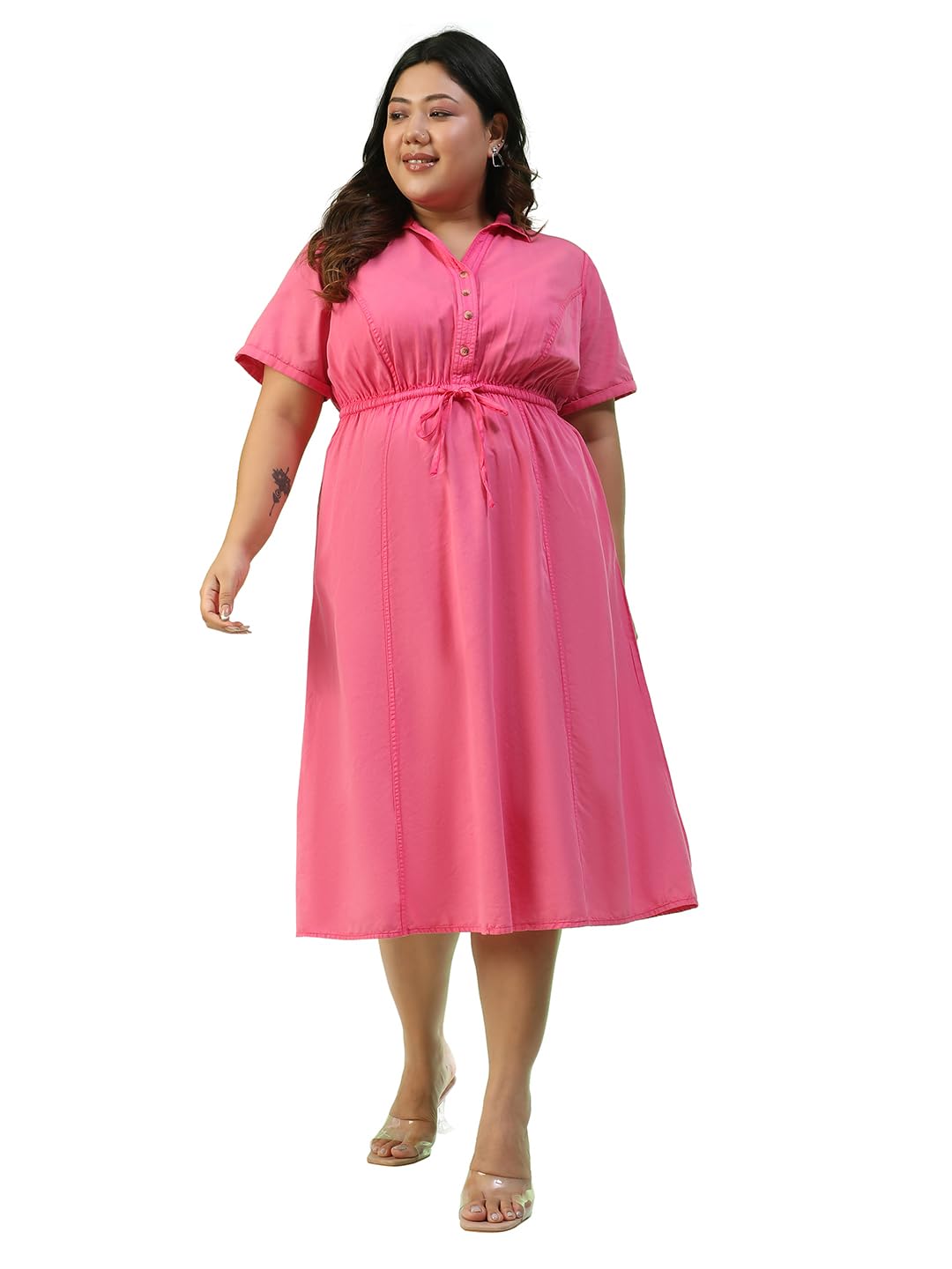 Women Plus Size Collared Short Sleeve Elasticated with Tie-Up Detail Button Down Below Knee Length Cotton Dress with Side Pockets-image-40